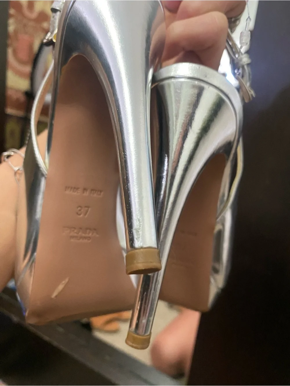 Prada Metallic Silver Peep-Toe Slingback Heels - Picture 4 of 9